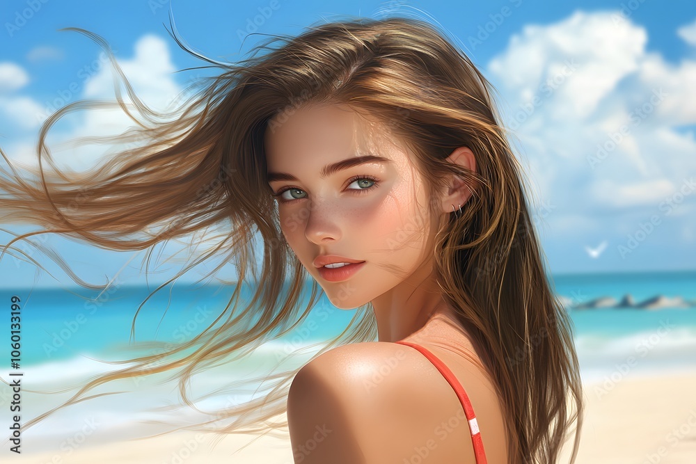 Young woman enjoys a sunny beach day while her hair dances in the ocean breeze Young woman enjoys a sunny beach day while her hair dances in the ocean breeze