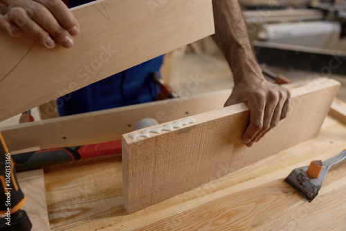 Male artisan worker holding and assembling pieces of wood using glue photo