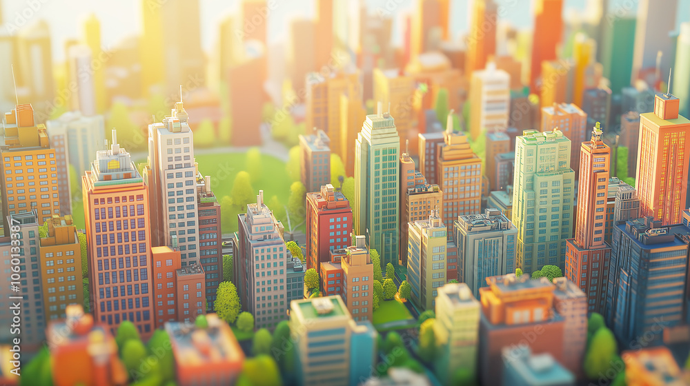 Obraz premium A vibrant cityscape illustration features tall buildings in warm sunset hues, capturing the bustling essence of an urban environment. The focus is on light and shadow play.