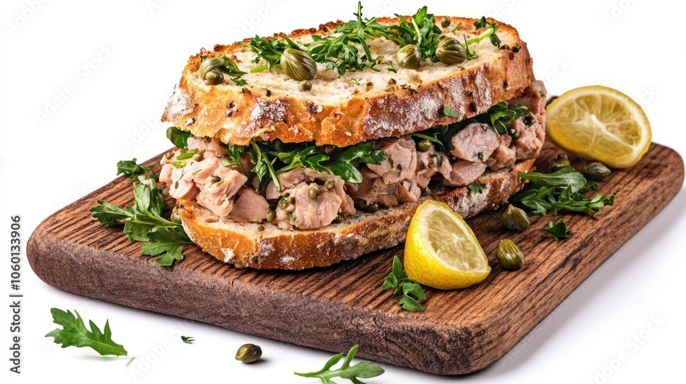 A delicious sandwich made with tuna, herbs, and lemon, served on rustic bread. A delicious sandwich made with tuna, herbs, and lemon, served on rustic bread.