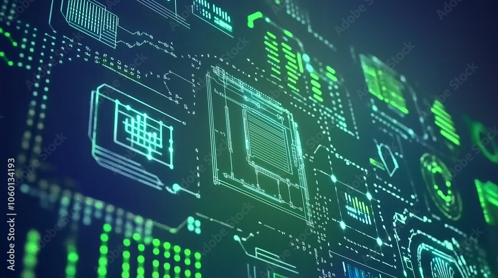 Striking abstract background featuring glowing green electronic circuits and chips on a rich blue canvas, illustrating the cutting-edge landscape of AI and futuristic data science Striking abstract background featuring glowing green electronic circuits and chips on a rich blue canvas, illustrating the cutting-edge landscape of AI and futuristic data science