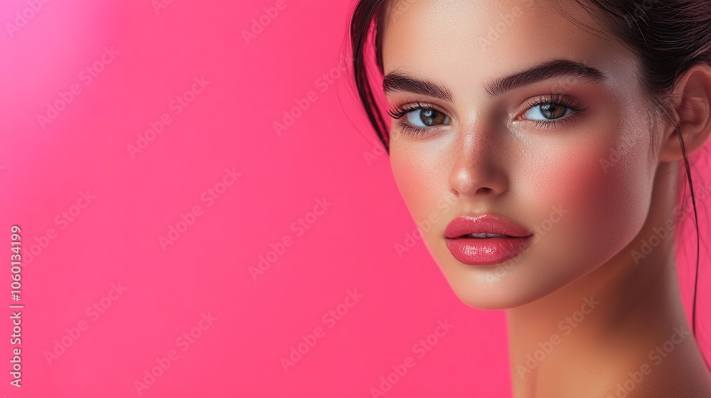 Fototapeta premium Beautiful flawless young woman posing gracefully on pink background with text copy area