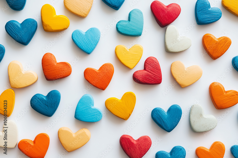 Obraz premium Close-up of multicolored heart-shaped cookies arranged in a random pattern on a white background, perfect for love and romantic themes. Bright, colorful treats with ample copy space.