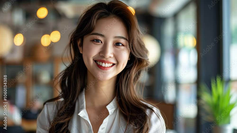 Beautiful Korean girl in stylish office environment, wearing snow-white blouse and black skirt, smiling, with perfect teeth, bright and well-lit environment Beautiful Korean girl in stylish office environment, wearing snow-white blouse and black skirt, smiling, with perfect teeth, bright and well-lit environment