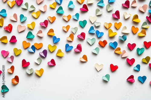 A scattering of heart-shaped objects in various colors across a white background, creating a vibrant, playful pattern perfect for celebrations and romantic themes.
