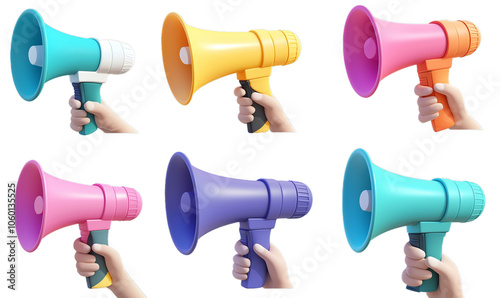 colorful megaphones held by hands, each in a different vibrant color. The background is transparent, making the megaphones stand out individually.
