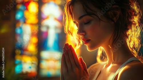  Prayer, christian and thinking with black woman in church for worship, holy spirit and spirituality. Praying, ai generated and connection with person and faith traditions, mindfulness or Christianity