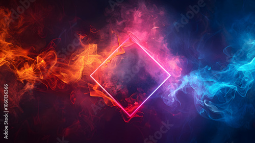 Colorful neon smoke inside a glowing diamond shape on a dark background, concept of modern design template