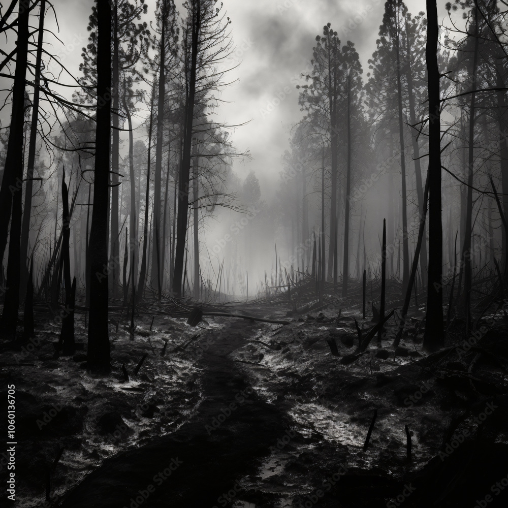 Obraz premium Burned forest landscape eerie black white photography charred trees desolate path haunting atmosphere aftermath nature devastation environmental impact climate change concept fine art decor,dead,empty