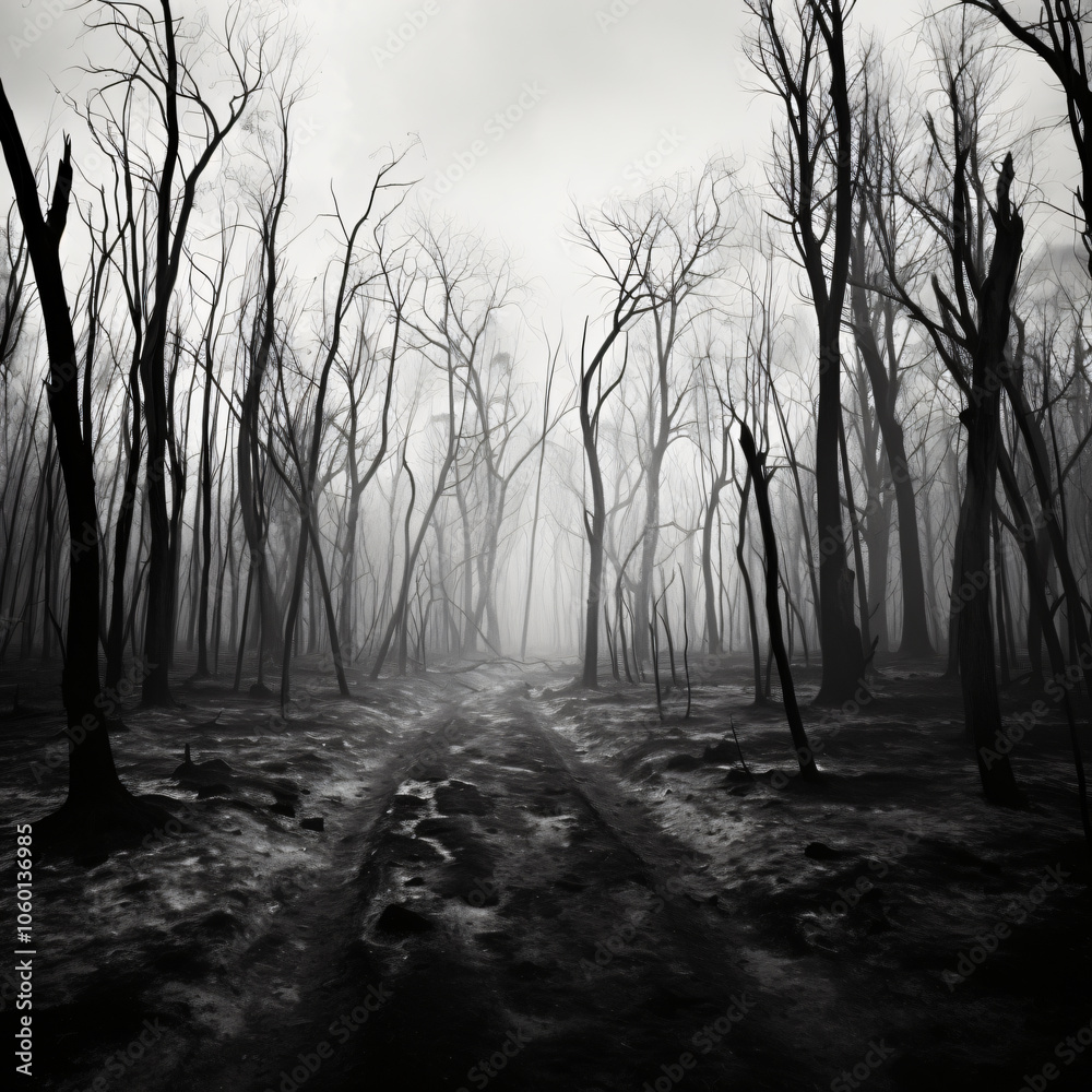 Fototapeta premium Burned forest landscape eerie black white photography charred trees desolate path haunting atmosphere aftermath nature devastation environmental impact climate change concept fine art decor,dead,empty