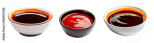White bowl filled with rich, dark barbecue sauce isolated on a white transparent background. Concept of delicious condiments and sauces