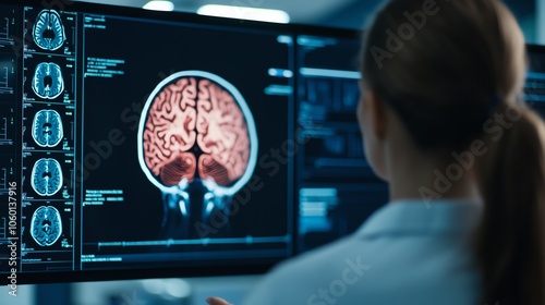 A doctor reviewing a holographic brain scan during a mental health checkup, ambient lighting, medium shot photo