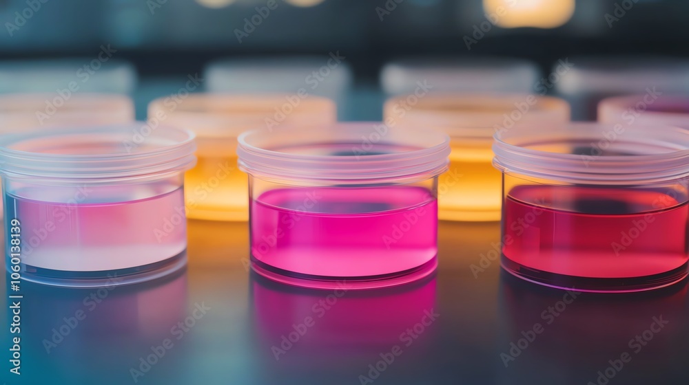 Closeup of glowing petri dishes with bioengineered samples, studio lighting, shallow depth of field Closeup of glowing petri dishes with bioengineered samples, studio lighting, shallow depth of field