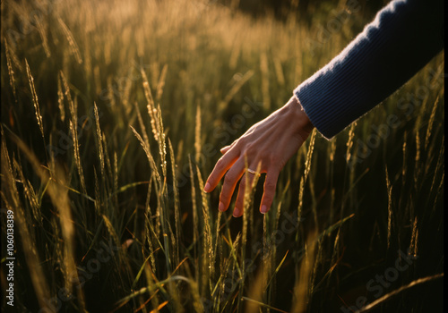 Gentle hand touching golden grass at sunset in tranquil meadow