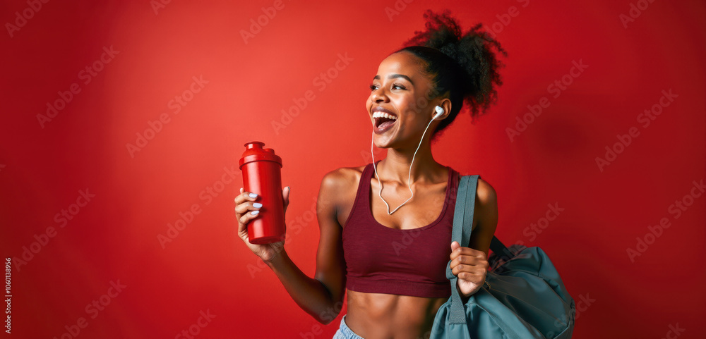 Naklejka premium Smiling athletic woman in sportswear, wearing wireless earbuds, holding gym bag and shaker bottle with protein drink. Fitness enthusiast preparing for exercise, red background