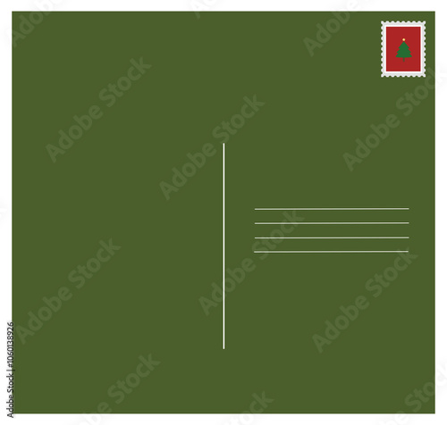 Christmas tree postcard graphic design, green. Square with Christmas tree post stamp.