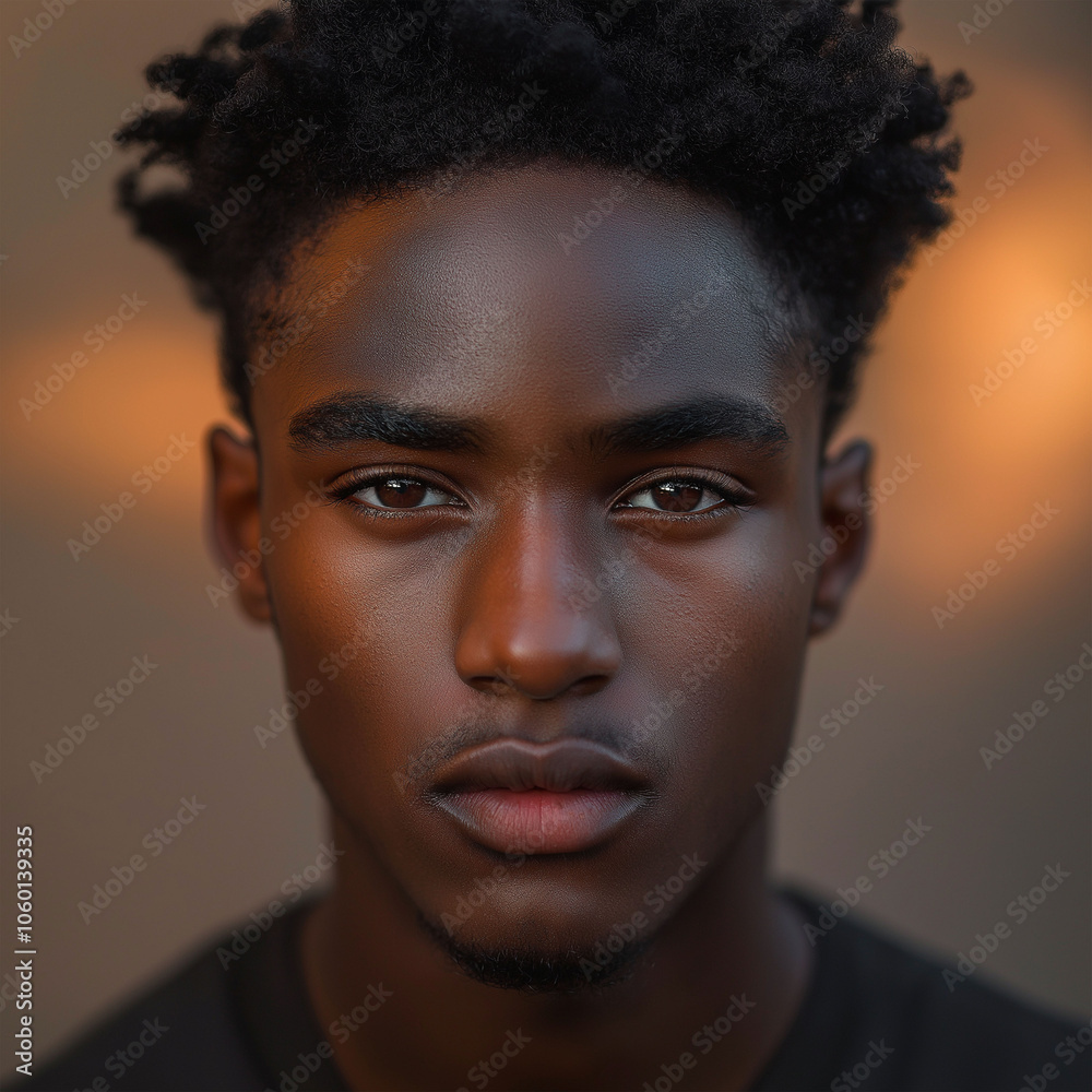 Obraz premium Young African American male model with short curly hair looking at camera on dark background in studio.