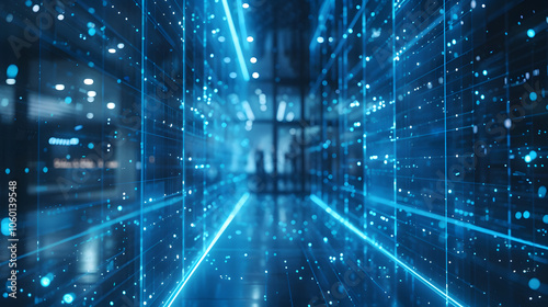 Creative digital blue circuit grid on blurry office interior background. Landing page concept. Technology, innovation and ai concept. Double exposure