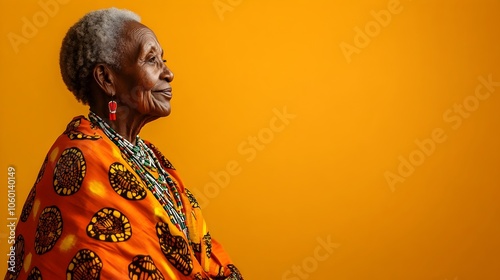 Serene and Contemplative Portrait of an Elderly Kenyan Woman Dressed in a Beautiful Colorful Traditional Kanga Textile Against a Vibrant Ochre Background in a Studio Setting photo