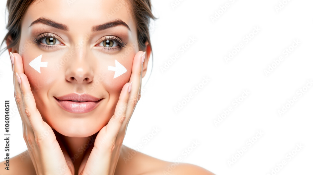 Fototapeta premium Close-up woman with glowing skin, arrow lifting her cheek, showcasing results of cosmetic treatments for wrinkle reduction and skin tightening. relaxed and smiling, healthy, radiant complexion