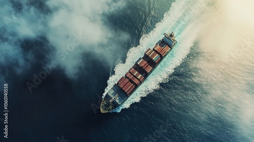 Aerial Top View of Cargo Ship Contrail in the Ocean Sea photo