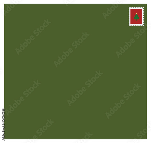 Christmas postcard graphic design, red and green. Square with Christmas tree post stamp.