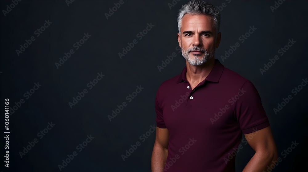 Middle Aged Brazilian Man with Determined Expression Posing in Stylish Burgundy Polo Shirt and Slacks Shot in Professional Studio Lighting Against Slate Background with Copy Space Middle Aged Brazilian Man with Determined Expression Posing in Stylish Burgundy Polo Shirt and Slacks Shot in Professional Studio Lighting Against Slate Background with Copy Space