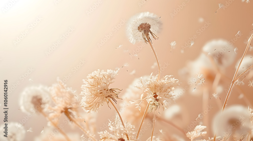 Obraz premium Dandelion fluff background for aesthetic minimalism style background. Beige, neutral and pastel color wallpaper with elegant and light flying fluffs. Fragile and lightweight