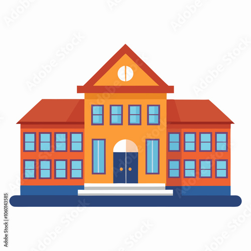 A flat illustration of a classic school building, featuring a bright yellow facade, red roof, and symmetrical windows. This image perfectly captures the essence of education, knowledge.