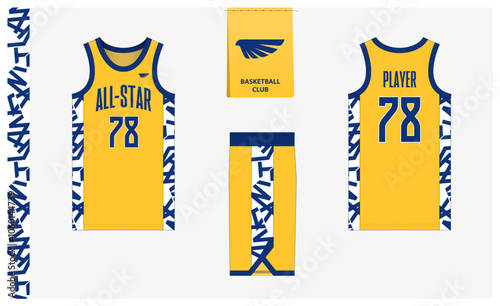 Basketball uniform mockup template design for sport club. Basketball jersey, basketball shorts in front and back view. Basketball logo design. 