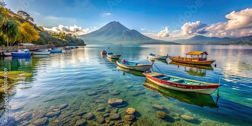 Beautiful view of Lake Atitlan in Guatemala with colorful boats floating on the crystal clear water photo
