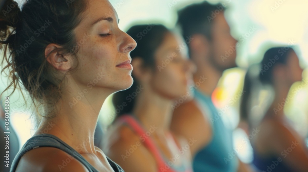 Soft focus on a group of people moving in unison during a fitness class their faces indistinguishable. Soft focus on a group of people moving in unison during a fitness class their faces indistinguishable.