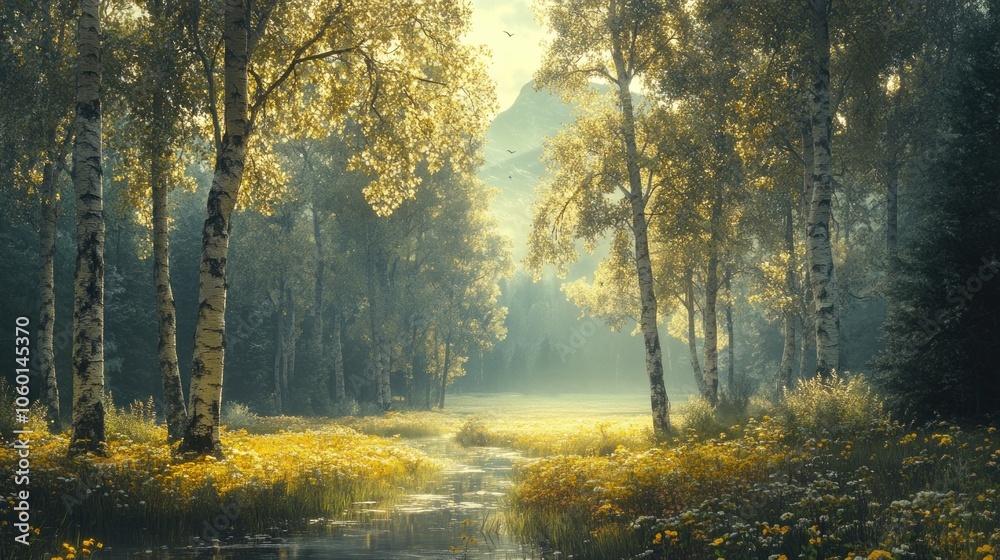 Obraz premium Serene forest landscape with sunlight filtering through trees.