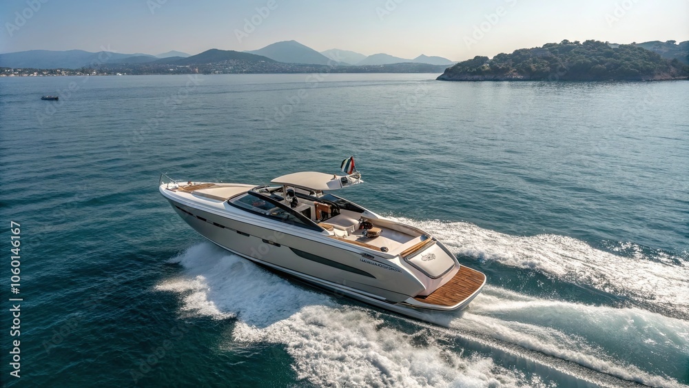 Obraz premium Luxury motor boat from Rio Yachts Italian shipyard captured in an aerial view, luxury, motor boat, Rio Yachts
