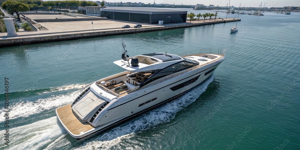 Fototapeta premium Luxury motor boat from Rio Yachts Italian shipyard captured in an aerial view, luxury, motor boat, Rio Yachts, Italian, shipyard