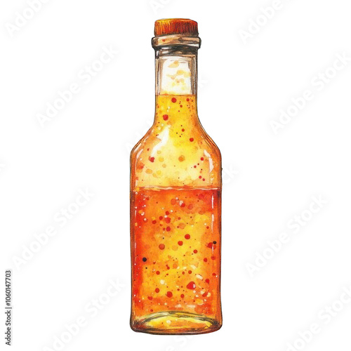 Collection of PNG. Watercolor painting of Glass Bottle Filled with Orange Liquid and Red and Yellow, isolated on a transparency background.