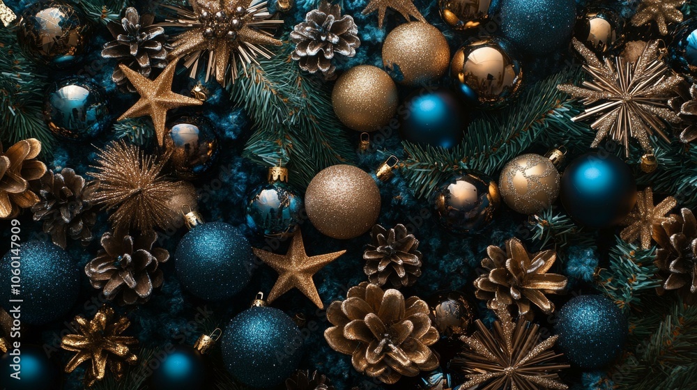 Festive Christmas ornaments hanging on tree branches, sparkling lights in background, cozy holiday decor. Festive Christmas ornaments hanging on tree branches, sparkling lights in background, cozy holiday decor.