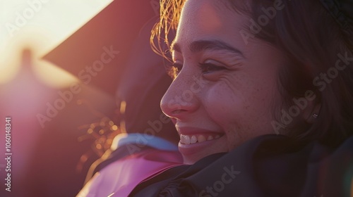 Hazy view of bright smiles and tearful embraces at a heartfelt graduation ceremony. photo