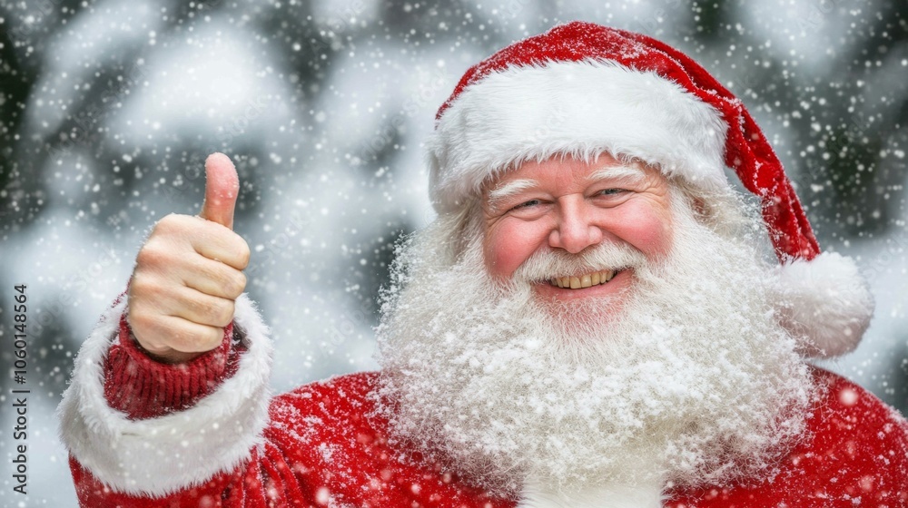 Man in Santa suit giving thumbs up, smiling, festive holiday attire, cheerful expression, Christmas celebration.
