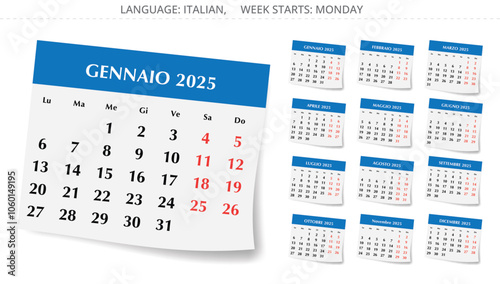 2025 year Italian pages of calendars. 12 months. Vector illustration with paper effect Italy