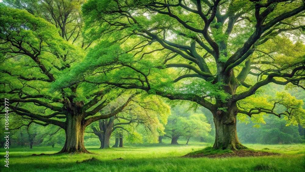 Aged oak trees standing solitary amidst vast expanse of emerald green forest, solitary trees, forest scenery Aged oak trees standing solitary amidst vast expanse of emerald green forest, solitary trees, forest scenery