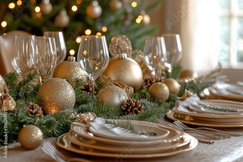 Table set for Christmas with festive decorations, tree adorned with lights, ornaments in background. photo