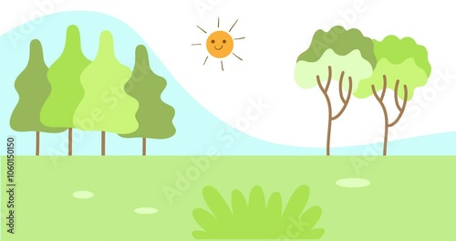 Animation of Sun shine and trees swaying in the wind. Nature landscape.