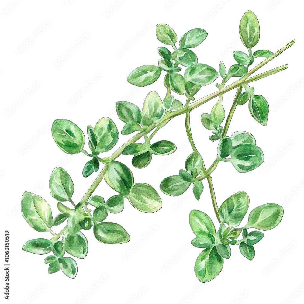 Obraz premium Collection of PNG. Watercolor painting of Green Sprig of Thyme with Leaves, isolated on a transparency background.