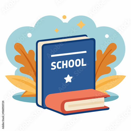 A colorful illustration of a book with the word 'SCHOOL' on the cover. The book is surrounded by leaves and a blue cloud, making it perfect for back-to-school designs, educational materials.