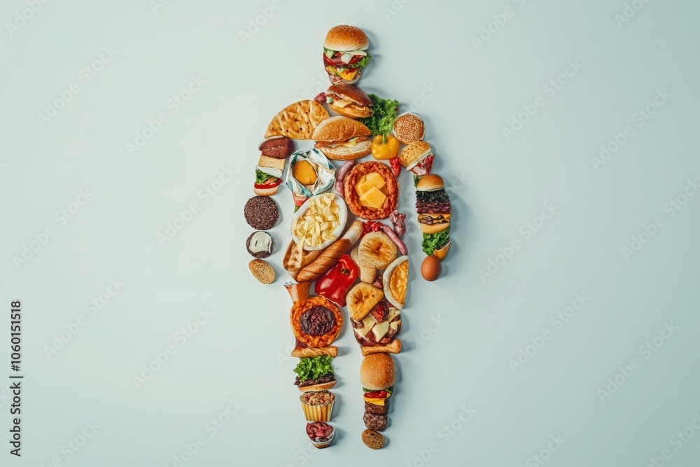 Φωτογραφία A Human Silhouette Composed of Diverse Fast Foods Set Against a Light Background