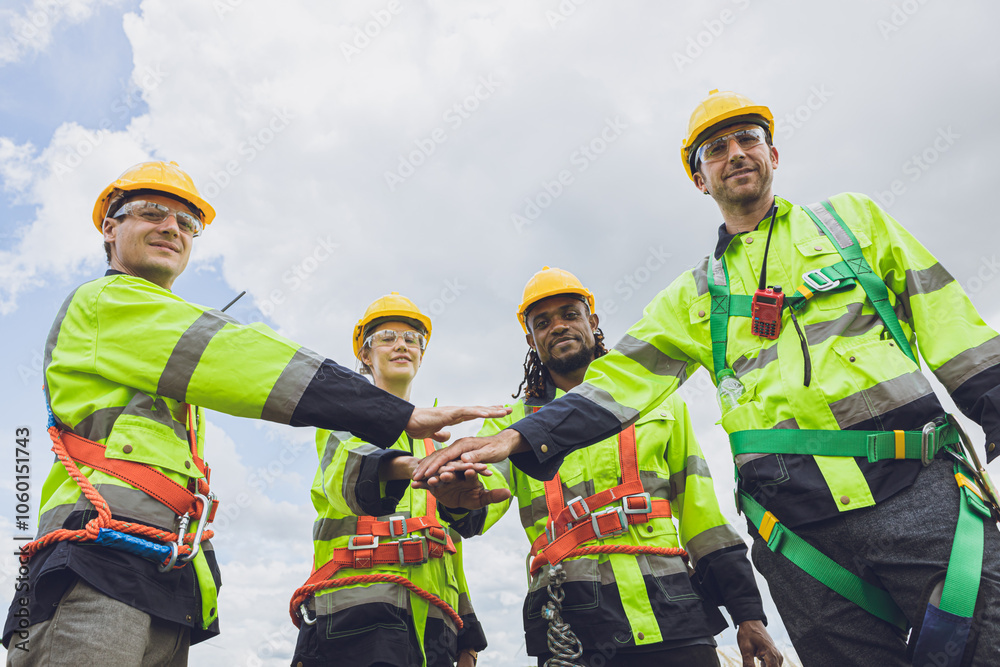 Group of Engineer team workers hand join together working cooperation strong force teamwork powerful concept. Group of Engineer team workers hand join together working cooperation strong force teamwork powerful concept.