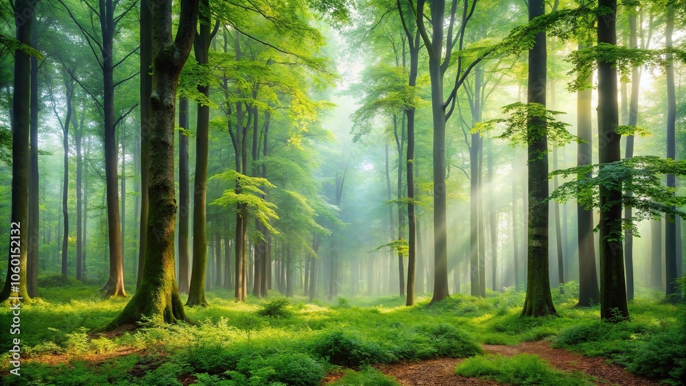 Fototapeta premium A serene and peaceful forest scene with tall trees surrounded by a lush green foliage on a misty morning, flora, greenery