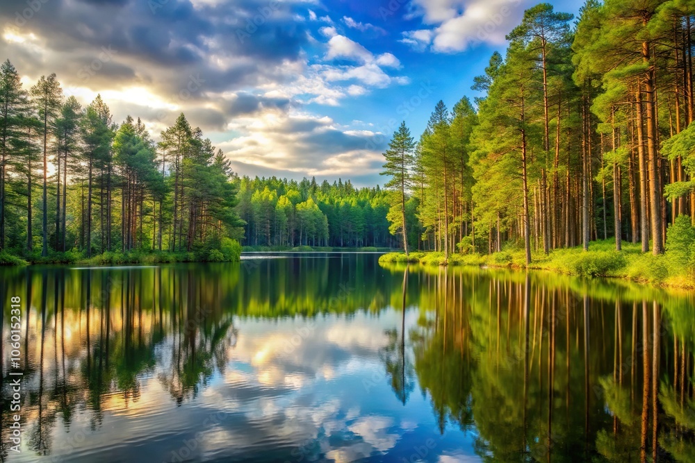 Fototapeta premium A serene forest scene with tall trees standing sentinel around a tranquil forest lake, trees, natural beauty