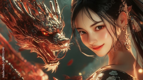 Focused Shot of a Stylized Oni Dragon Emblem Next to a Smiling Anime Woman, Suggesting a Crime Lord Theme in a Dynamic Setting photo